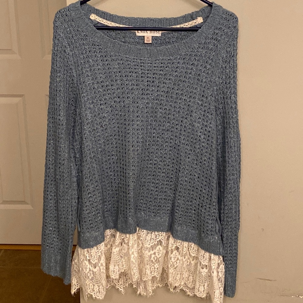 Teal sweater with lace trim